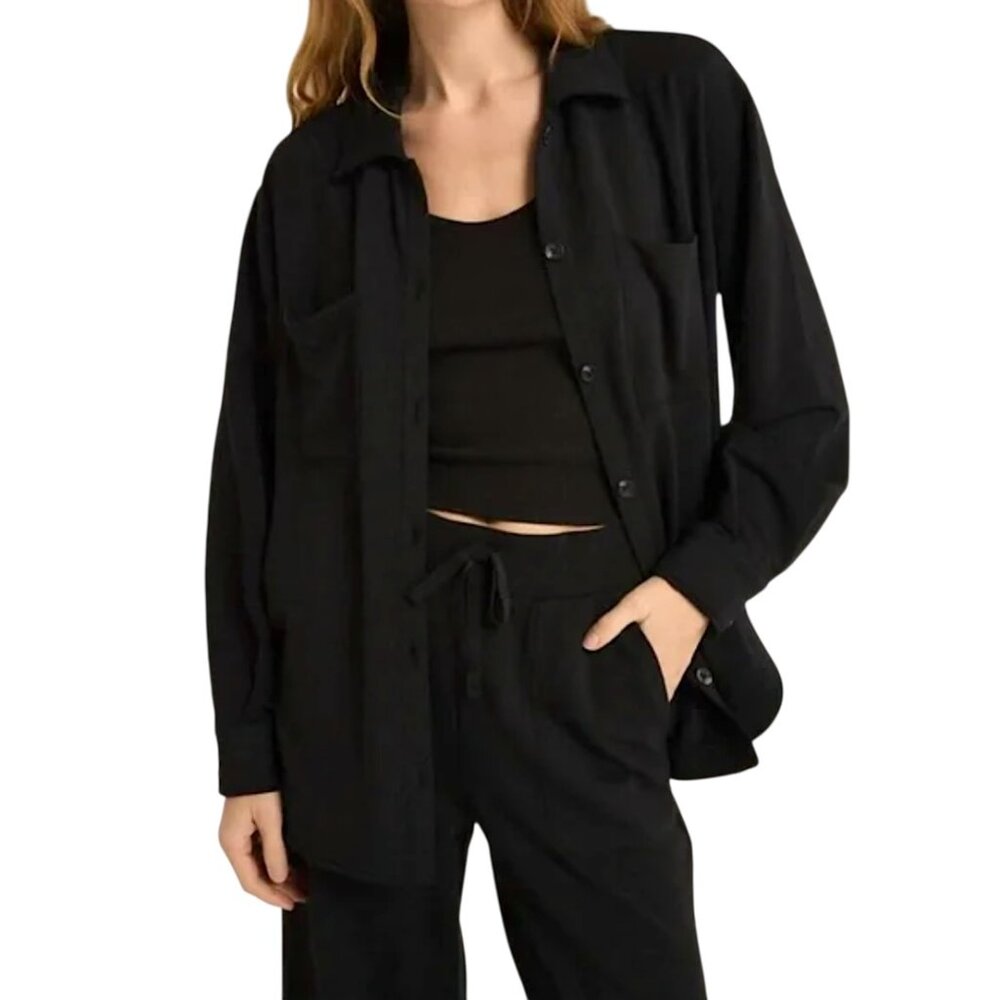 Z SUPPLY Button Up Stretch Modal Knit Shirt Jacket Shacket Size L Black